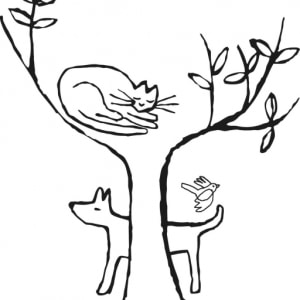 cat, dog and bird at the tree